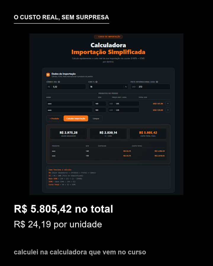 Cálculo do custo real na calculadora do curso