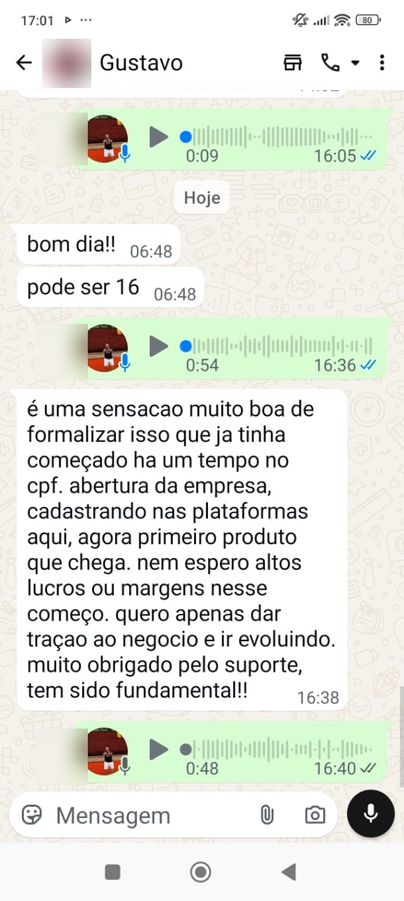 Aluno relatando no direct a formalização da empresa e a chegada do primeiro produto
