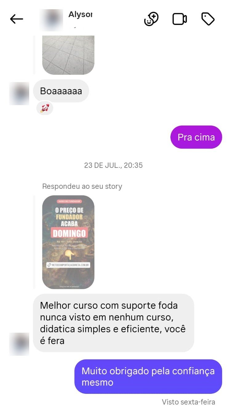 Mensagem de aluno elogiando o suporte e a didática do curso