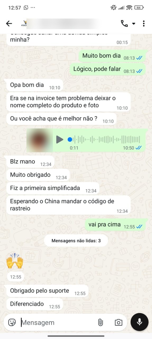 Aluno tirando dúvida de invoice no direct, fechando a primeira simplificada e agradecendo o suporte