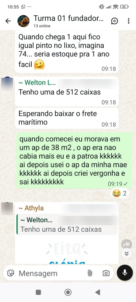 Aluno contando que tem uma carga de 512 caixas esperando o frete marítimo baixar
