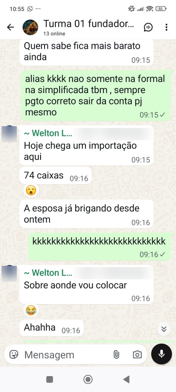 Aluno avisando no grupo que hoje chega uma importação de 74 caixas