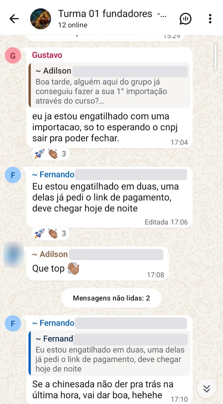 Conversa do grupo com alunos relatando importações engatilhadas