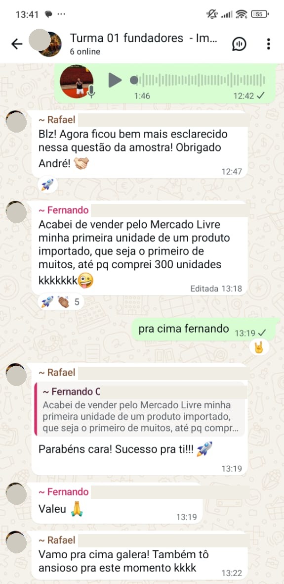 Aluno avisando no grupo que vendeu a primeira unidade do produto que importou
