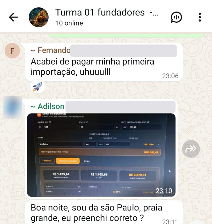 Aluno avisando no grupo que acabou de pagar a primeira importação, e outro usando a calculadora do curso